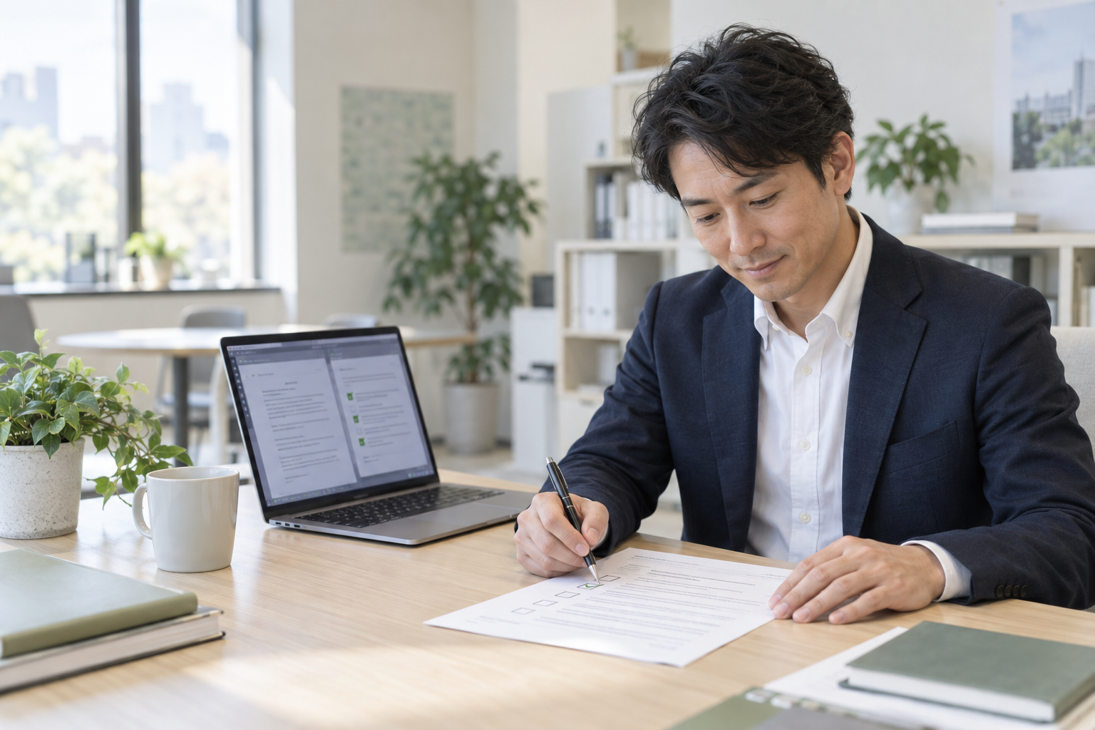 資料と画面を照合して確認する専門家のイメージ